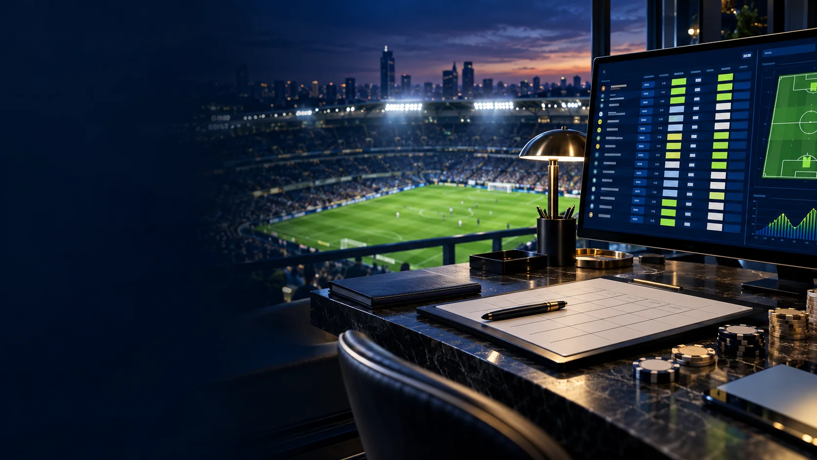 Futbol stadyumuna bakan analiz masasında soyut bahis ekranı ve bonus koşulları