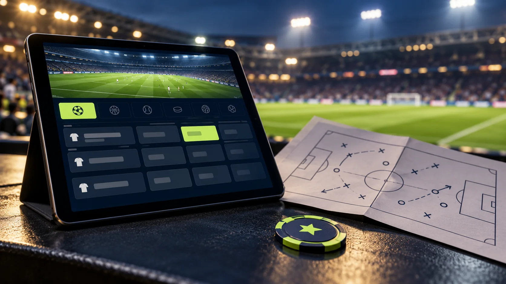Futbol stadyumunda soyut spor kuponu gösteren tablet ve taktik kağıdı
